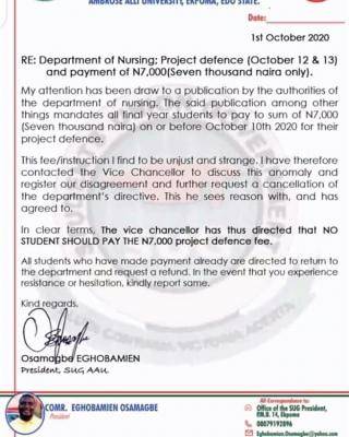 AAU notice on cancellation of project defense fee