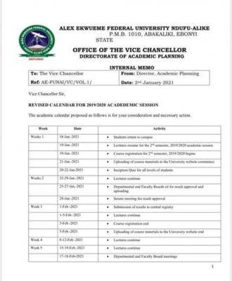 FUNAI revised academic calendar schedule for 2019/2020 session