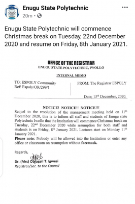Enugu State Polytechnic notice on Christmas break and resumption
