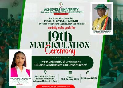 Achievers University announces 19th matriculation ceremony, 2025/2026