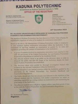 Kaduna State Poly Disclaimer on unjustifiable expulsion of its students for exam misconduct