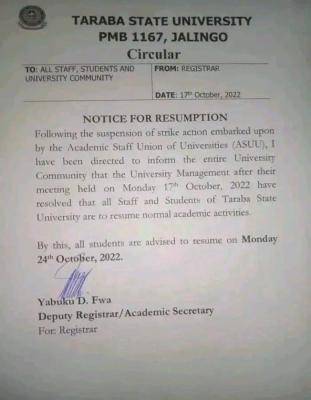 TASU notice on resumption of academic activities