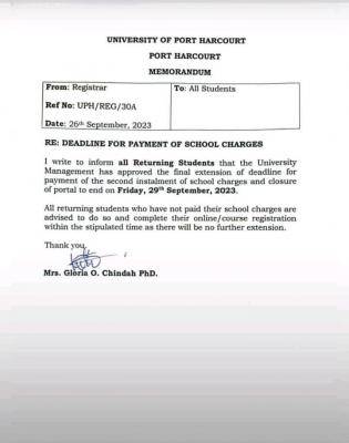 UNIPORT deadline for payment of school charges