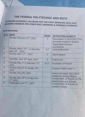 Fed Poly Ado approved academic calendar, 1st semester for SIWES ND II, 2022/2023