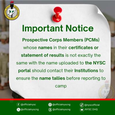 NYSC directs PCMs to rectify Name Discrepancies before orientation