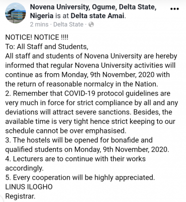 Novena University resumption notice to staff and students