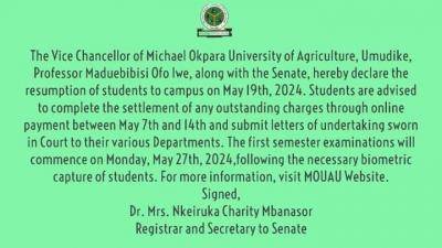 MOUAU notice on resumption of academic activities