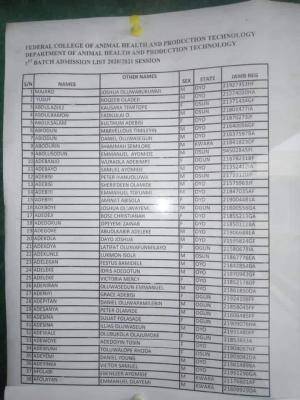 Federal College of Animal Health and Production Tech., Ibadan admission list, 2020/2021