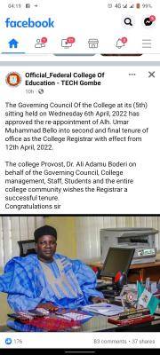 FCE Tech Gombe announces appointment of Registrar
