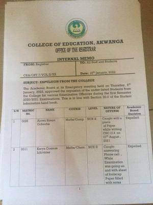 College of Education, Akwanga expels students for exam malpractices