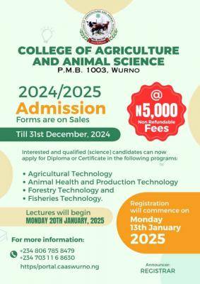 College of Agriculture & Animal Science, Wurno Sokoto releases admission form, 2024/2025