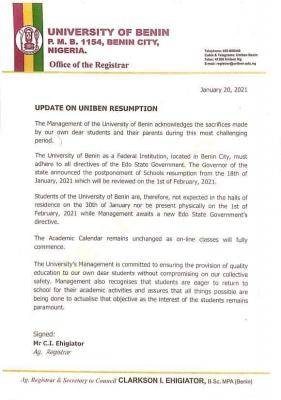 UNIBEN gives update on proposed resumption