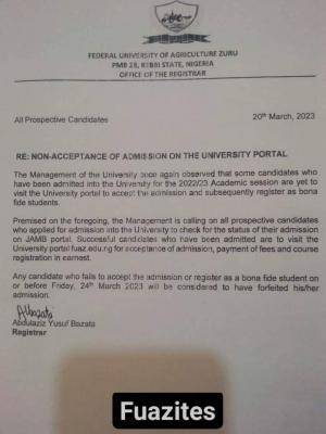 FUAZ notice to applicants yet to accept admission on school portal