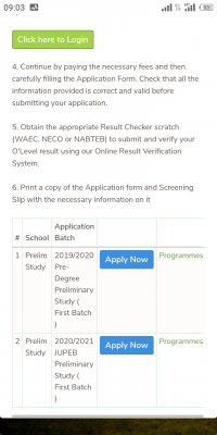 TASUED JUPEB admission form for 2020/2021 session
