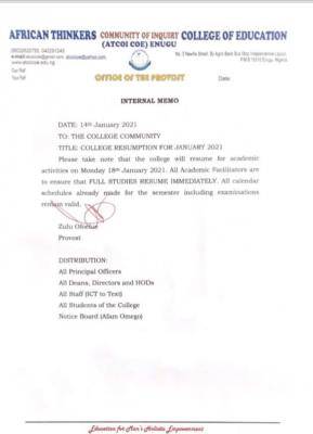 ATCOI College of Education notice on resumption