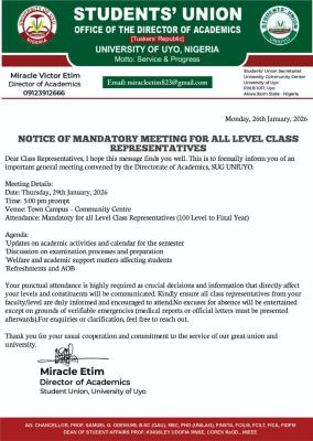 UNIUYO SUG schedules meeting with class representatives