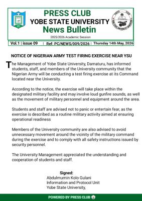 YSU notice on Nigerian Army Firing Test Exercise on Campus