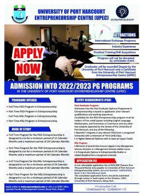 UNIPORT Entrepreneurship Centre postgraduate admission, 2022/2023