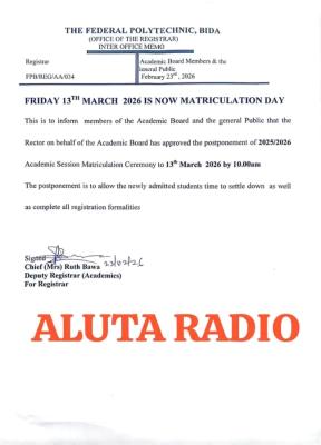 Federal Poly Bida reschedules matriculation ceremony, 2025/2026