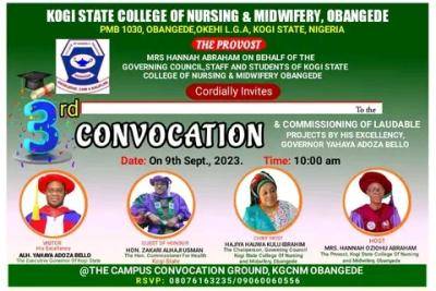 Kogi State College of Nursing & Midwifery, Obangede announces 3rd Convocation Ceremony