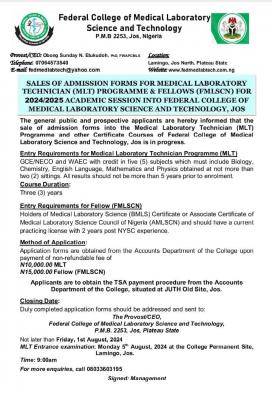 Federal College of Medical Laboratory Science and Tech, Jos admission form, 2024/2025