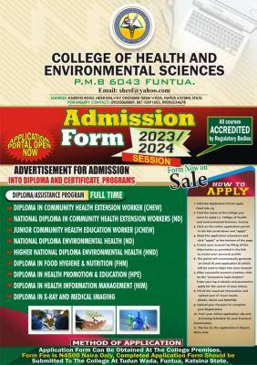 College of Health & Environmental Sciences Funtua, Katsina State admission form, 2023/2024