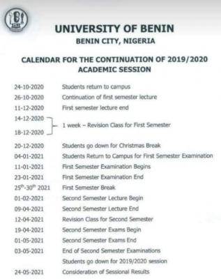 UNIBEN revised academic calendar for the 2019/2020 session