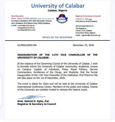 UNICAL announces inauguration of the 11th Vice-Chancellor of the University