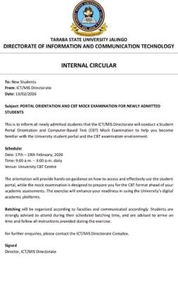 TASU announces portal and CBT familiarization training for new students