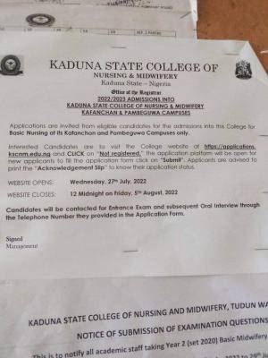 Kaduna State College of Nursing and Midwifery admission form, 2022/2023