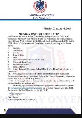 Monday Onyeme Scholarship programme, 2024