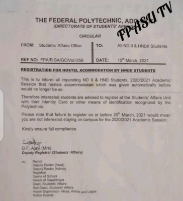 Fed Poly Ado-Ekiti notice to ND II and HND students on hostel registration