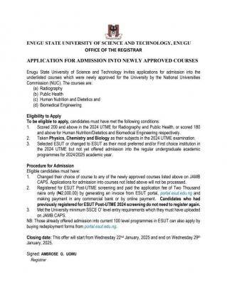 ESUT application for admission into newly approved courses, 2024/2025