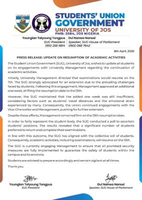 UNIJOS shifts resumption date by 1 week