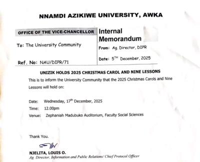 UNIZIK announces 2025 Christmas carol and nine lessons