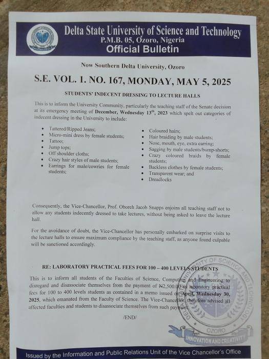 DSUSTECH, Ozoro notice on indecent dressing