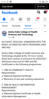 AD-COHST admission into newly accredited programmes for 2020/2021 session