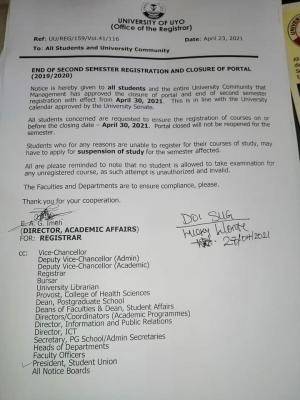 UNIUYO notice on closure of portal for 2nd semester registration, 2019/2020