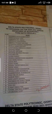 Delta State Poly, Ozoro ND regular 3rd batch admission list, 2020/2021