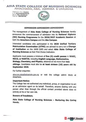 Abia State College of Nursing Sciences ND Nursing Admission form, 2026/2027
