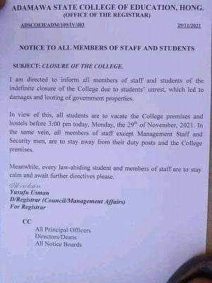 Adamawa State College of Education notice on closure of the institution due to students' unrest