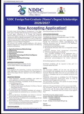 NDDC Foreign Post-Graduate (Master’s Degree) Scholarships, 2026/2027