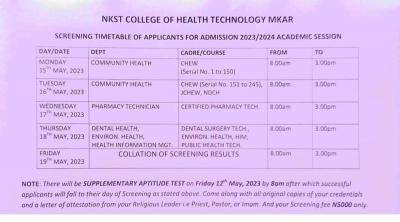 NKST College of Health Technology, Mkar screening timetable, 2023/2024