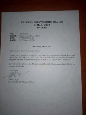 Federal Polytechnic Bauchi declares Lecture-Free day for SUG Elections