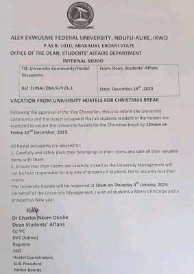 FUNAI notice on vacation from university hostels for Christmas break