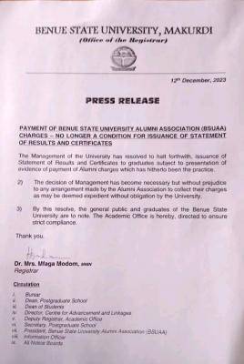BSU notice to graduates on payment of Alumni association charges
