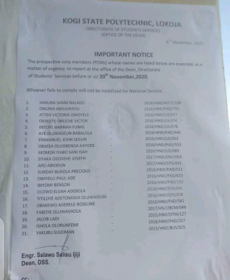 Kogi state polytechnic notice to prospective corps members of the Institution