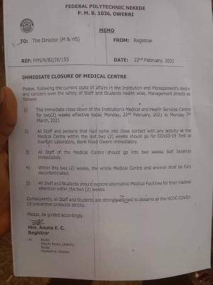Fed Poly Nekede orders immediate closure of Medical Centre