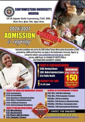 Southwestern University, Nigeria Post-UTME/DE 2026: Cut-off mark, Eligibility and Registration Details
