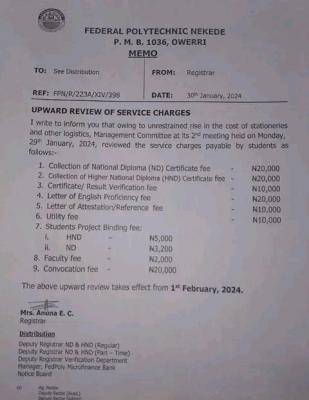 NEKEDEPOLY notice to students on upward review of service charges